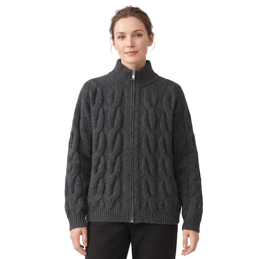 Constance-Birgit Women's Full-Zip Cable Knit Cardigan in grey worn by a model