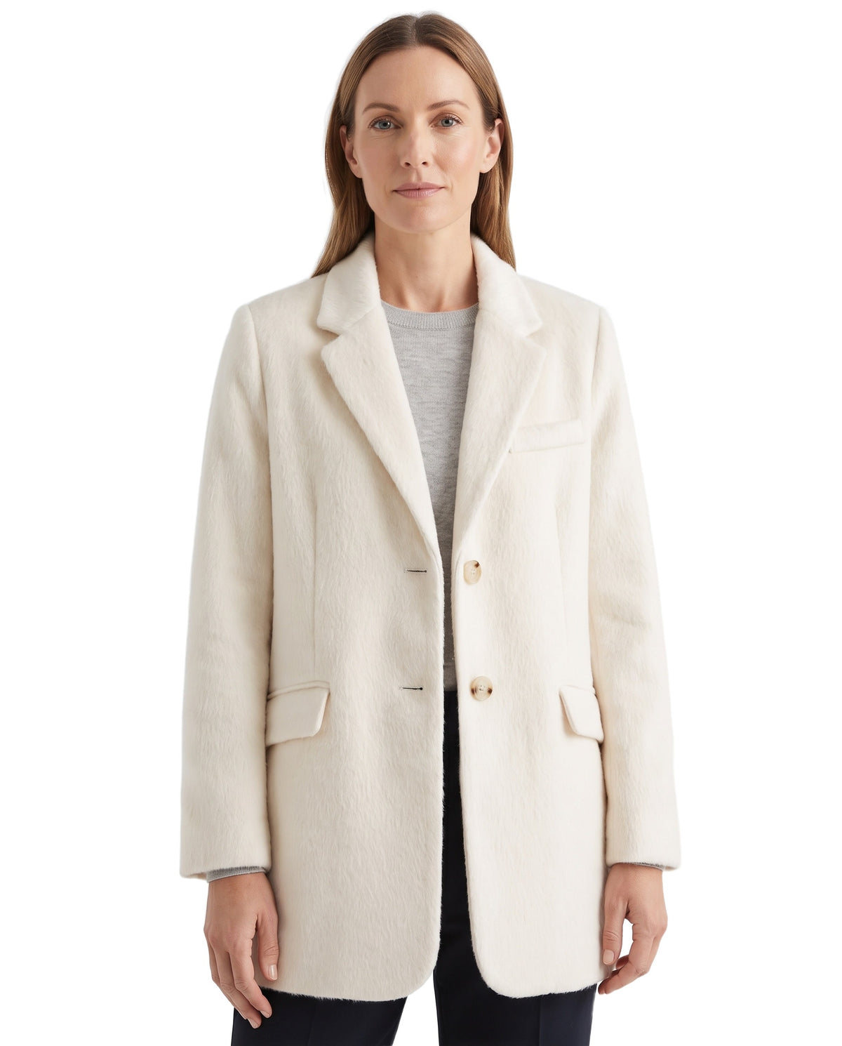 Camilla-Petra Women's Padded Oversized Blazer Coat in cream worn by a model