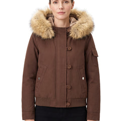 Lavinia-Helena Women's Padded Bomber Jacket with Faux Fur Hood in brown, worn by a model