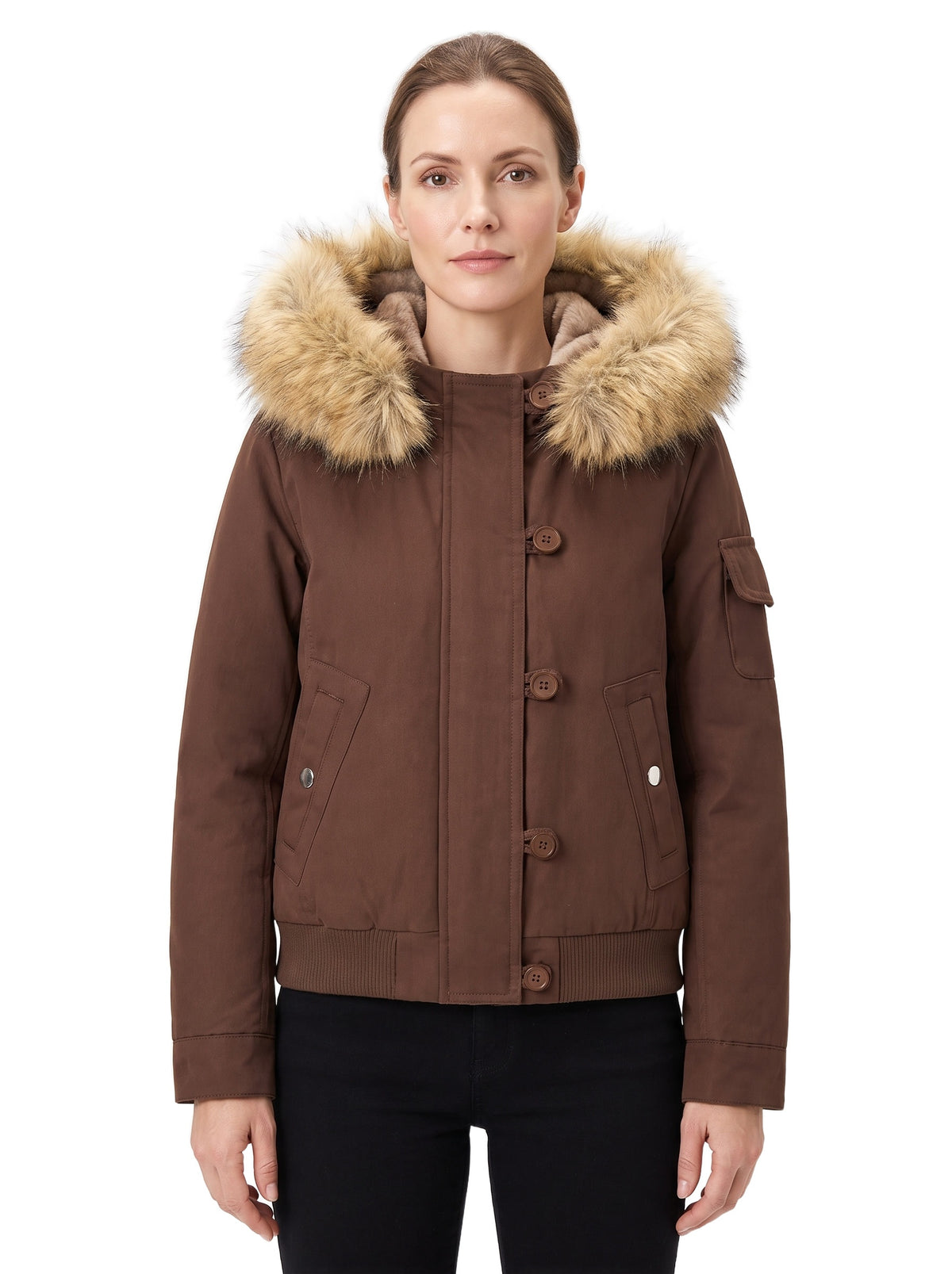 Lavinia-Helena Women's Padded Bomber Jacket with Faux Fur Hood in brown, worn by a model