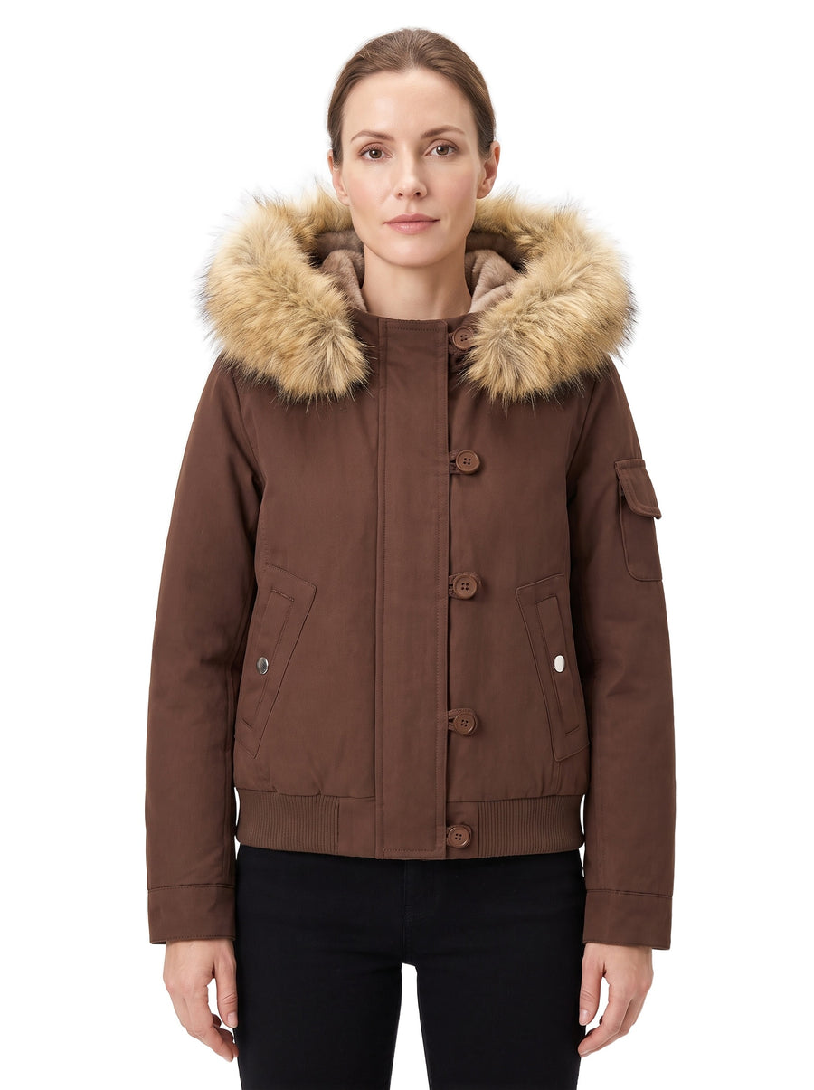 Lavinia-Helena Women's Padded Bomber Jacket with Faux Fur Hood in brown, worn by a model