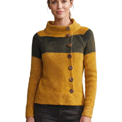 Patricia-Virginia Women's Color-Block Mock Neck Button-Front Knit Sweater in Mustard and Olive Green worn by a model