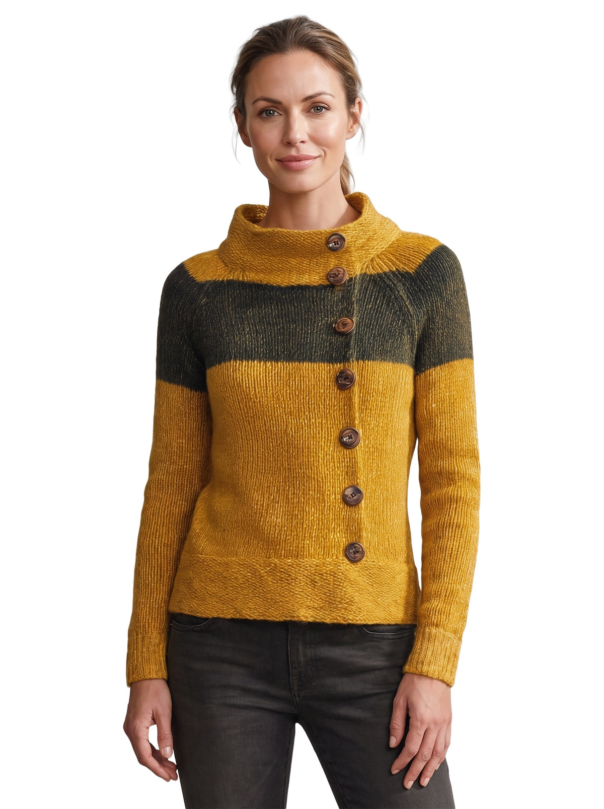 Patricia-Virginia Women's Color-Block Mock Neck Button-Front Knit Sweater in Mustard and Olive Green worn by a model