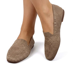 Nadine-Lillian Women's Stretch-Knit Slip-On Loafers in beige worn on feet
