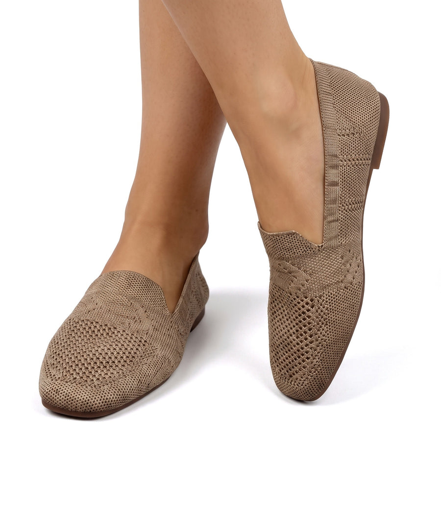Nadine-Lillian Women's Stretch-Knit Slip-On Loafers in beige worn on feet