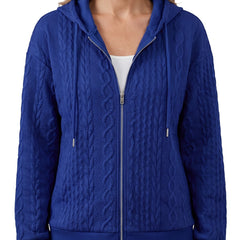 Sybil-Bridget Women's Textured Zip-Up Hoodie in blue worn open over a white top