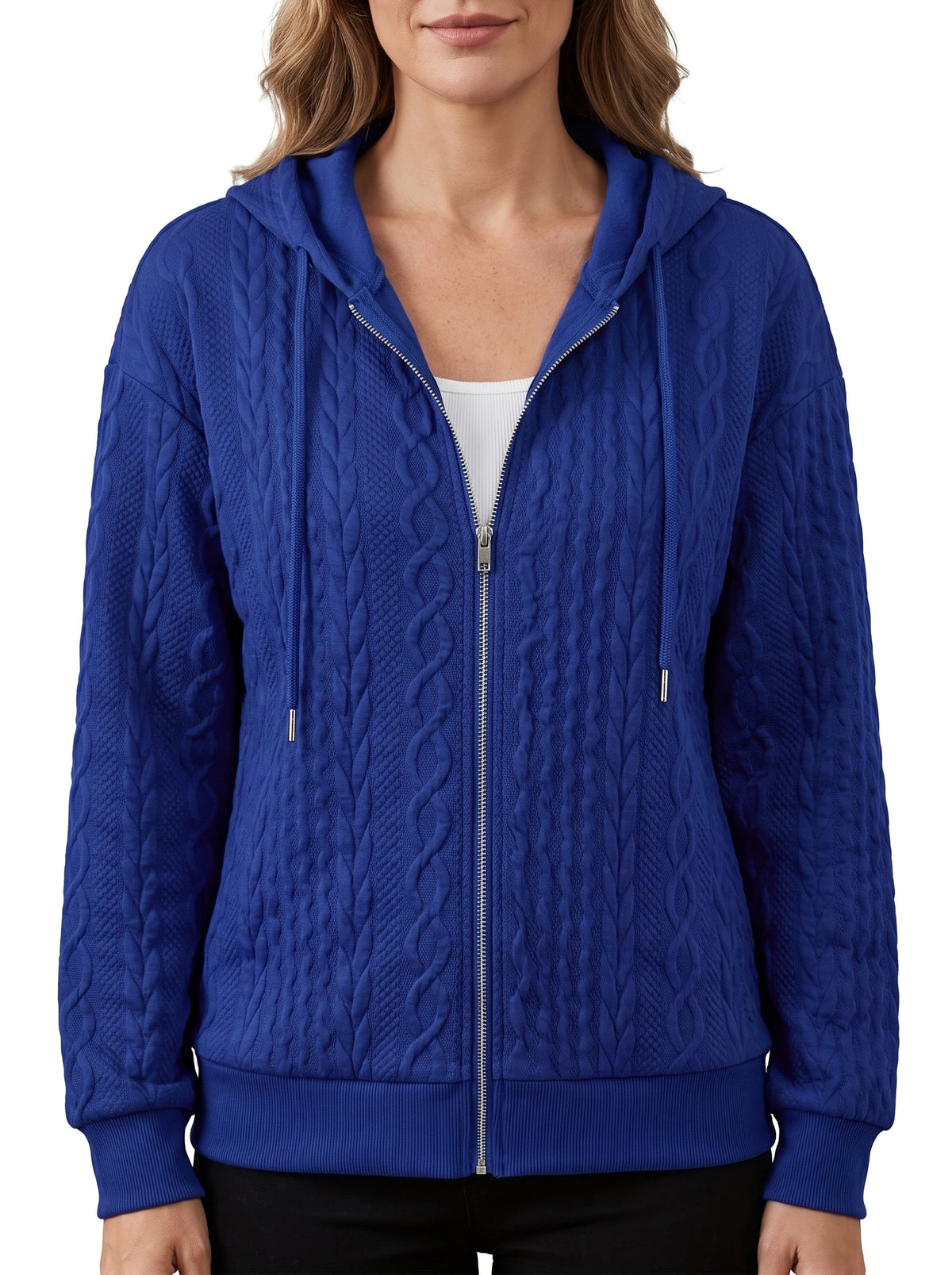 Sybil-Bridget Women's Textured Zip-Up Hoodie in blue worn open over a white top