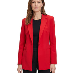 Lottie-Matilda Women's Tailored Notch-Lapel Blazer in red worn open by a model, studio hero image