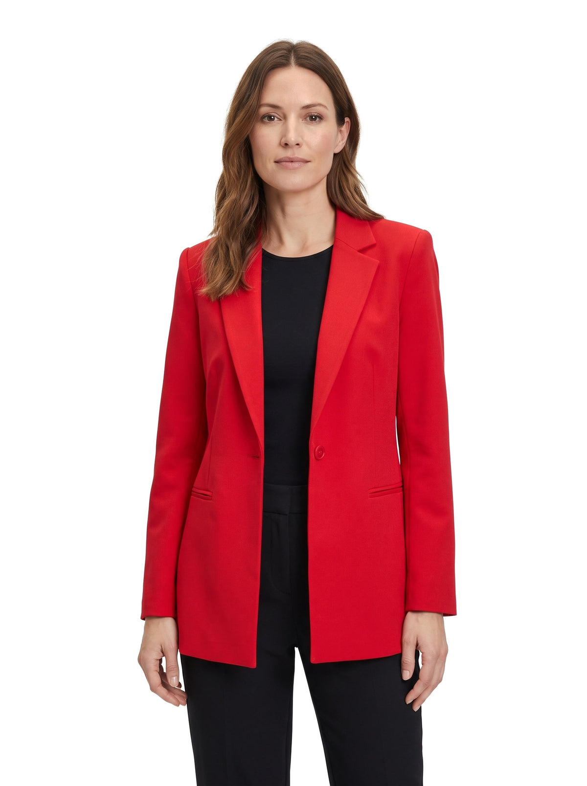 Lottie-Matilda Women's Tailored Notch-Lapel Blazer in red worn open by a model, studio hero image