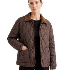 Genevieve-Aurelia Women's Diamond-Quilted Puffer Jacket in Coffee Brown worn by a model
