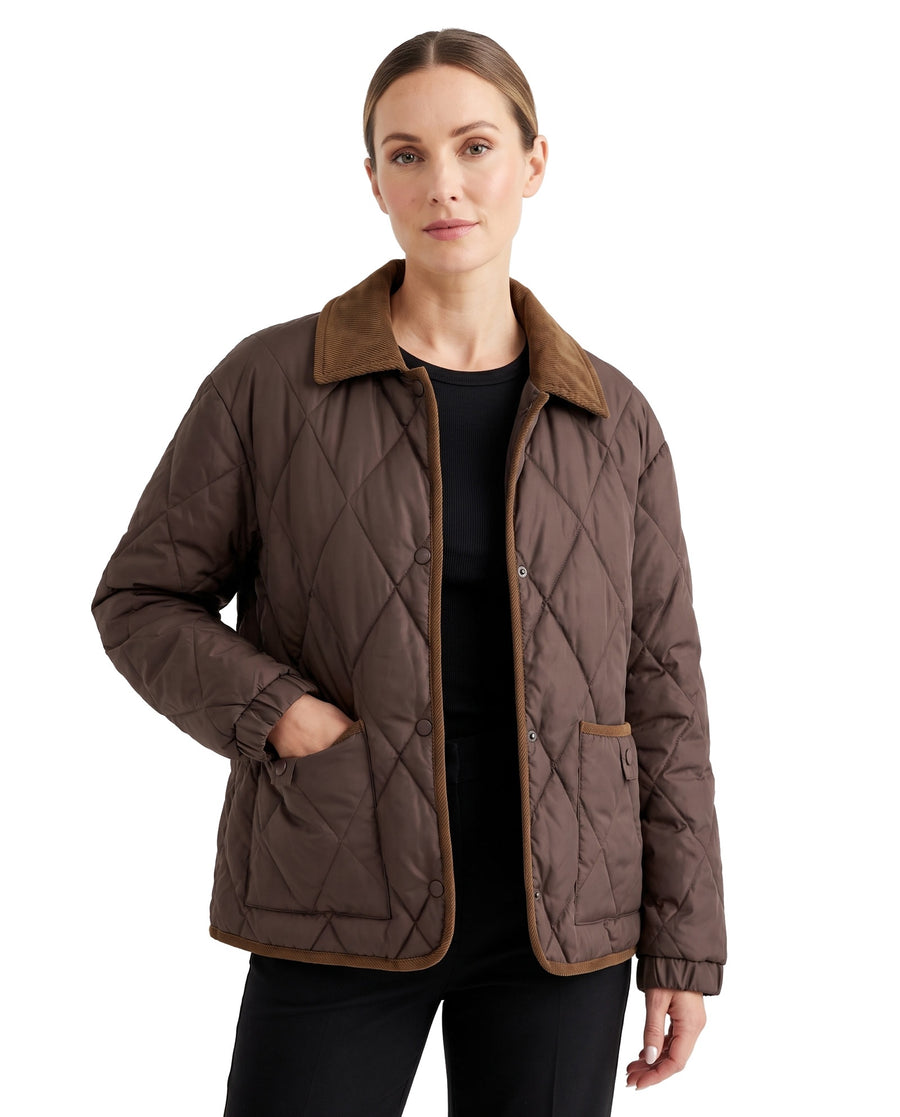 Genevieve-Aurelia Women's Diamond-Quilted Puffer Jacket in Coffee Brown worn by a model