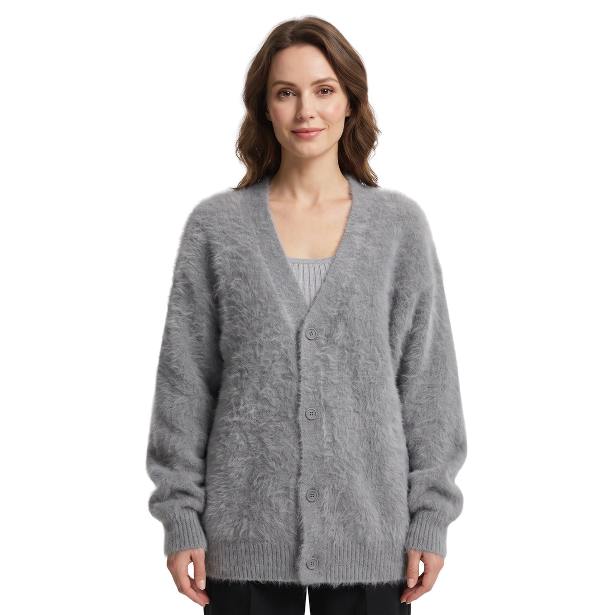 Valerie-Hilda Women's Ribbed-Collar Cashmere Knit Sweater in Sterling Gray worn by a model