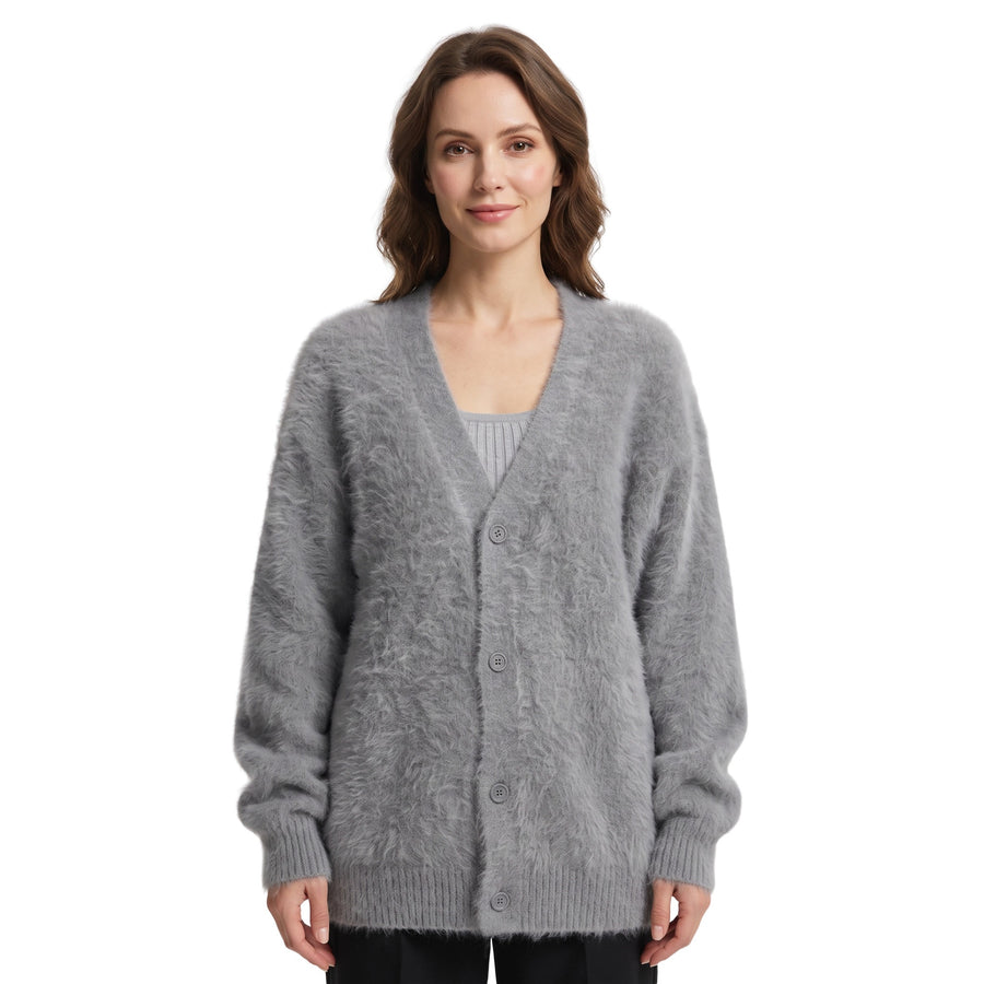 Valerie-Hilda Women's Ribbed-Collar Cashmere Knit Sweater in Sterling Gray worn by a model
