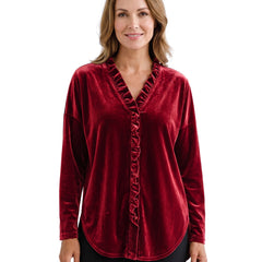 Tamara-Constance Women's Ruffled V-Neck Blouse in red velvet worn by a model, studio shot on white