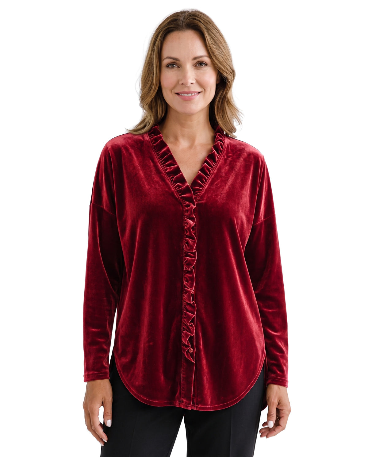 Tamara-Constance Women's Ruffled V-Neck Blouse in red velvet worn by a model, studio shot on white