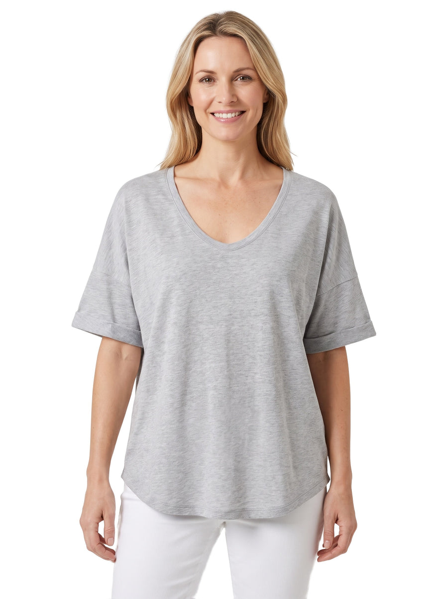 Regina-Isabelle Women's Oversized V-Neck Knit Top in Dark Grey worn by a model