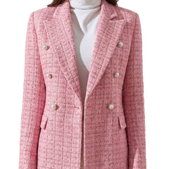 Regina Women's Plaid Double-Breasted Blazer with Pearl Buttons in Pink