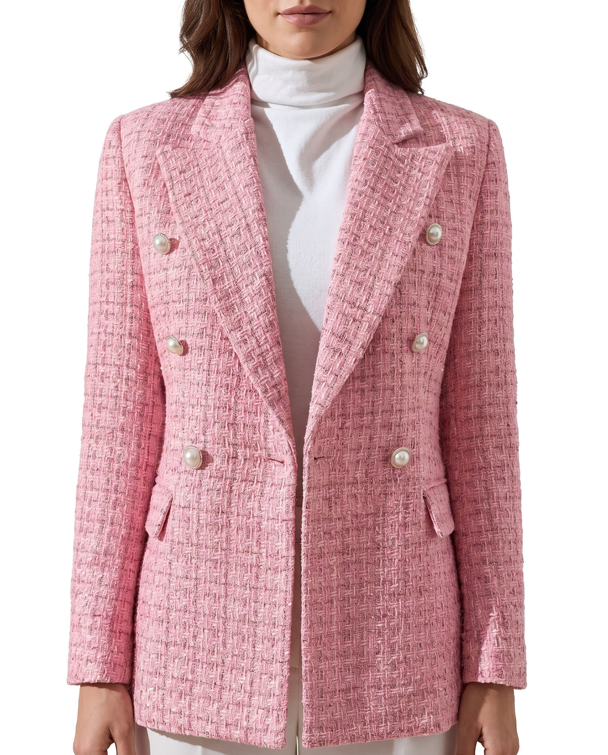 Regina Women's Plaid Double-Breasted Blazer with Pearl Buttons in Pink