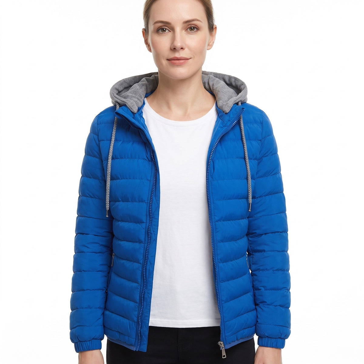 Simone Women's Hooded Quilted Puffer Jacket in Royal Blue worn by a model, front view