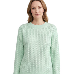 Viola Women's Cable-Knit Crew-Neck Sweater with Ribbed Trim in mint green worn by a model