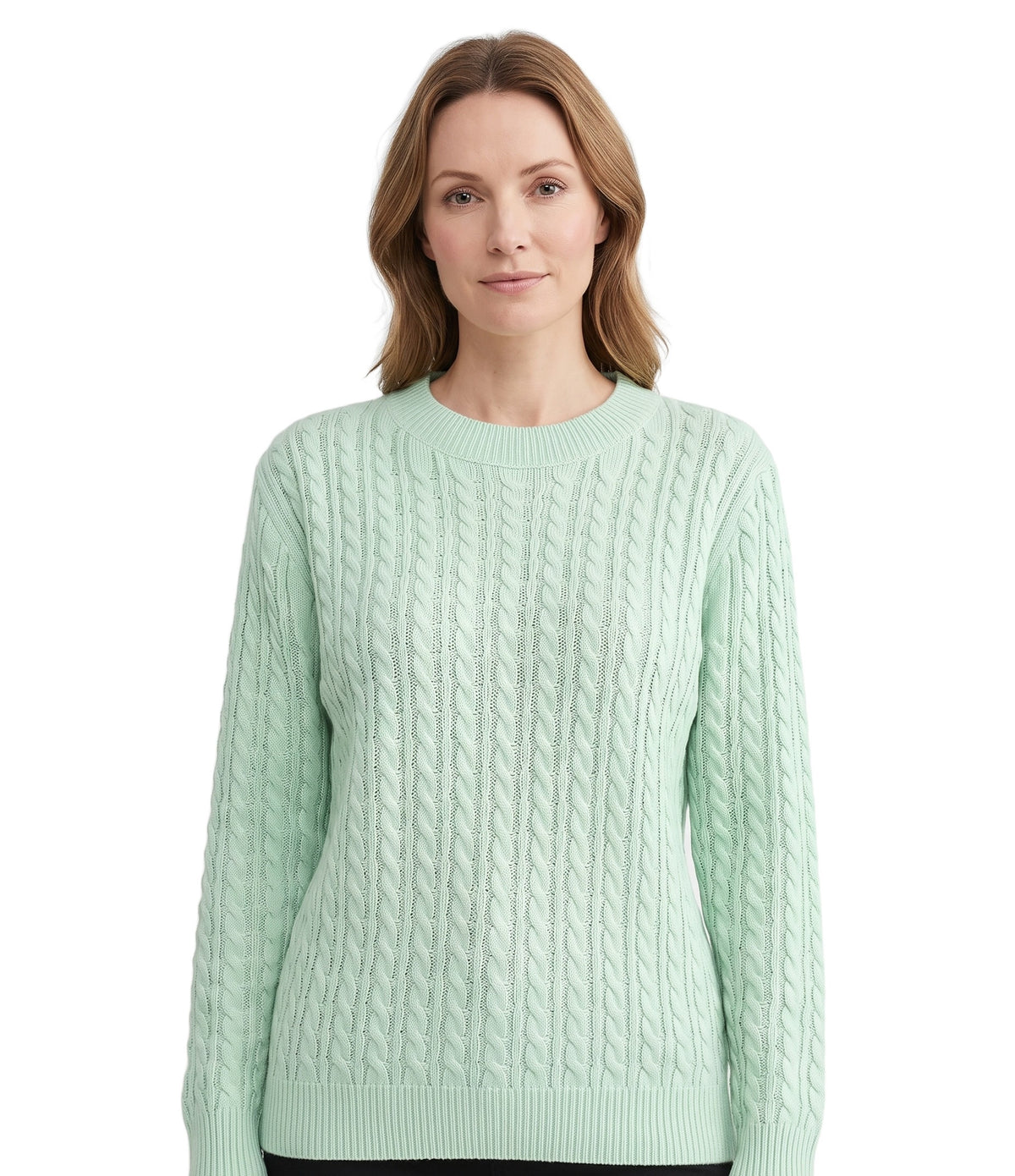 Viola Women's Cable-Knit Crew-Neck Sweater with Ribbed Trim in mint green worn by a model