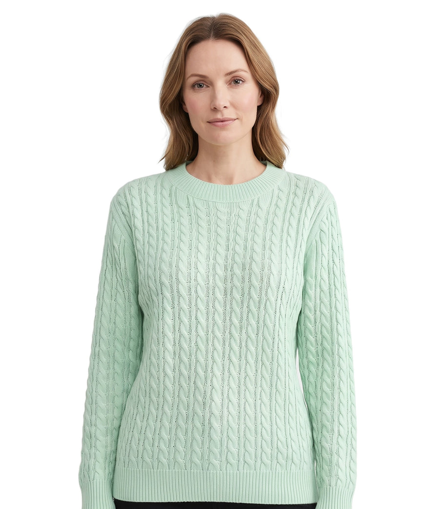 Viola Women's Cable-Knit Crew-Neck Sweater with Ribbed Trim in mint green worn by a model