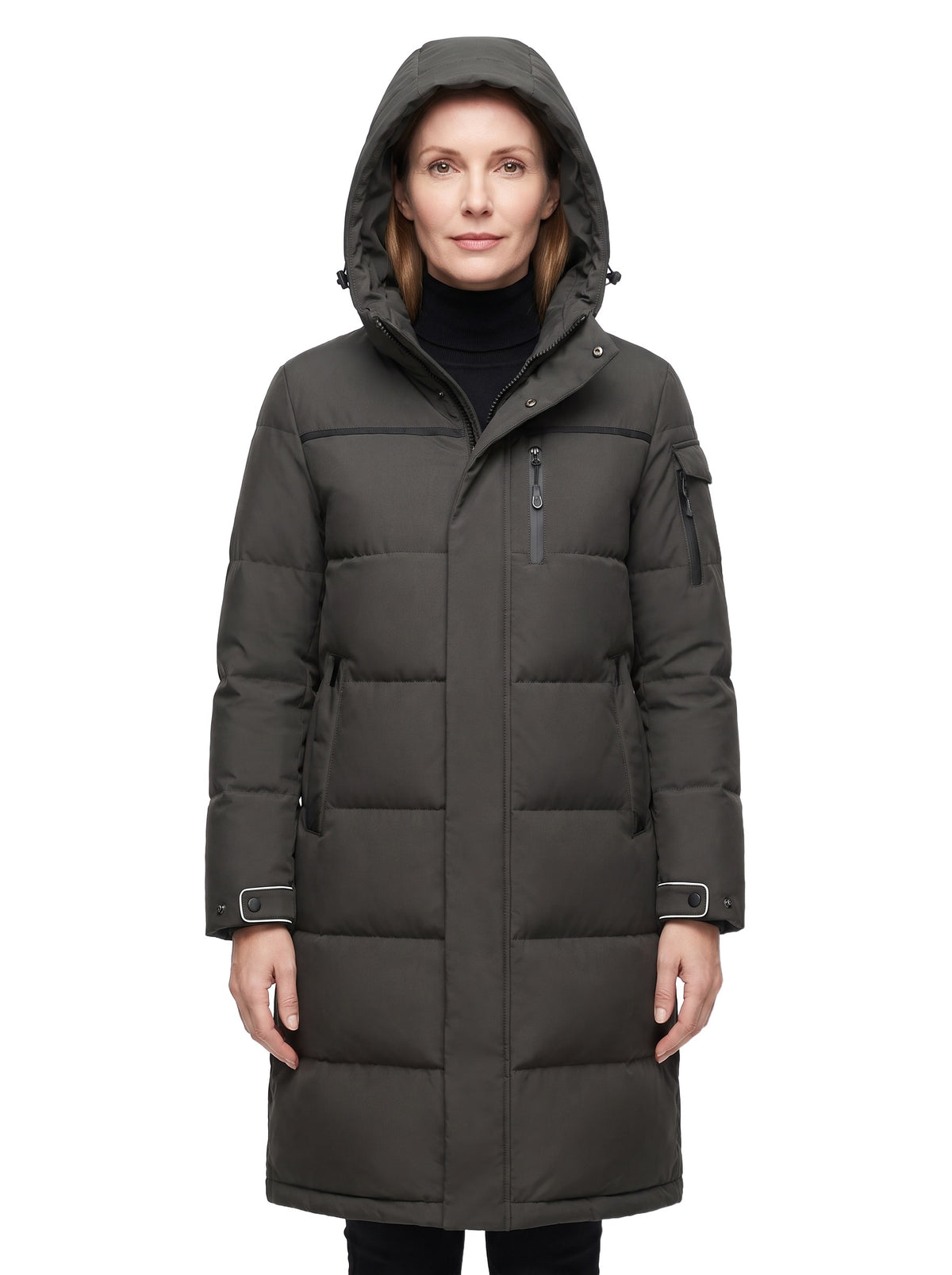 Georgia Women's Hooded Longline Winter Parka in grey worn by a model