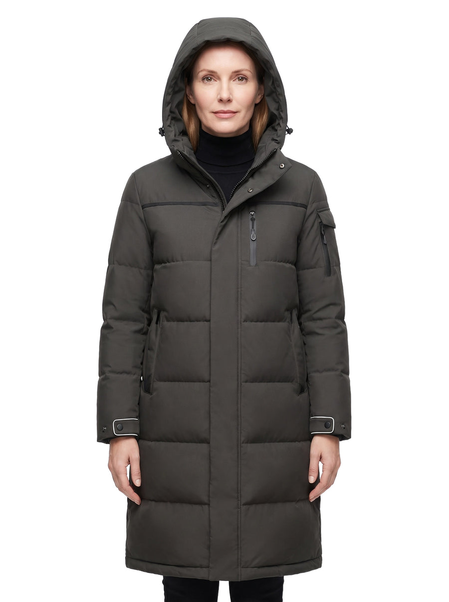 Georgia Women's Hooded Longline Winter Parka in grey worn by a model