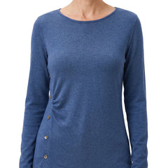 Cordelia Women's Button-Detail Knit Top with Round Neck in Blue, worn by a model