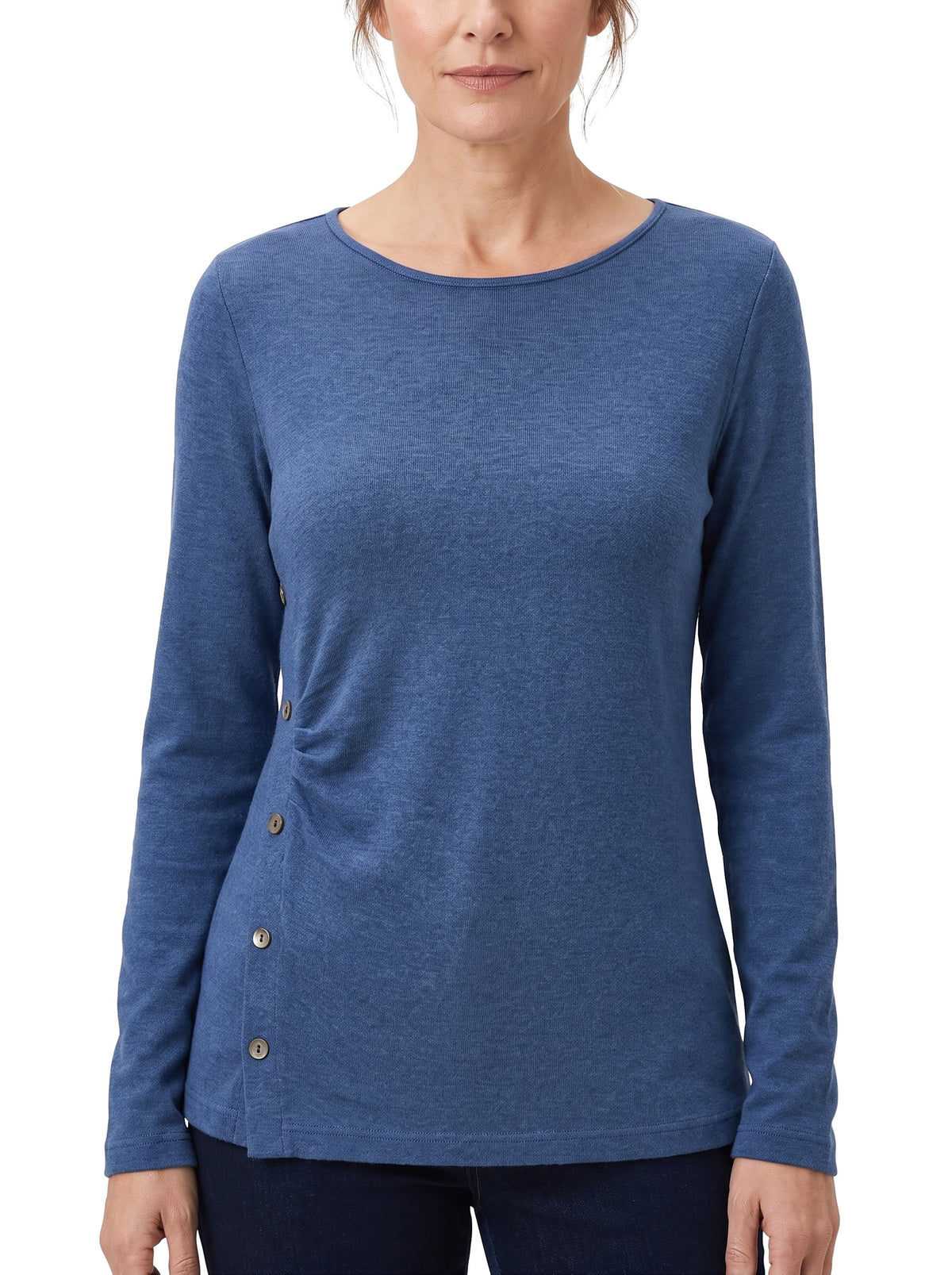 Cordelia Women's Button-Detail Knit Top with Round Neck in Blue, worn by a model