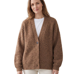Rhea Women's Oversized Textured Cardigan in camel brown chunky knit worn by a model