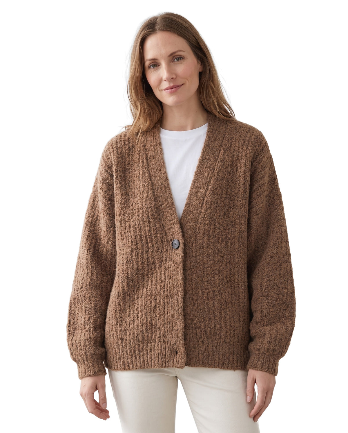 Rhea Women's Oversized Textured Cardigan in camel brown chunky knit worn by a model