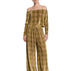 Ruth Women's Boho Velvet Off-Shoulder Top and Palazzo Pants Set in Golden-olive worn by a model