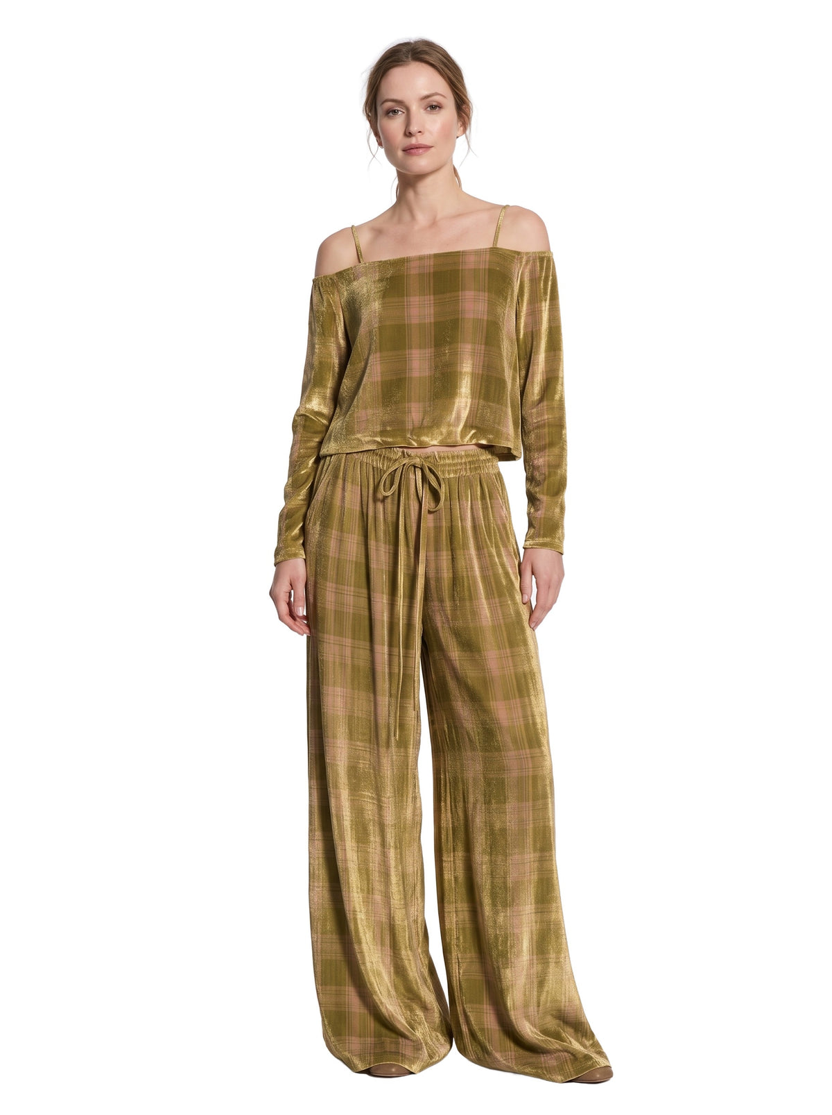 Ruth Women's Boho Velvet Off-Shoulder Top and Palazzo Pants Set in Golden-olive worn by a model