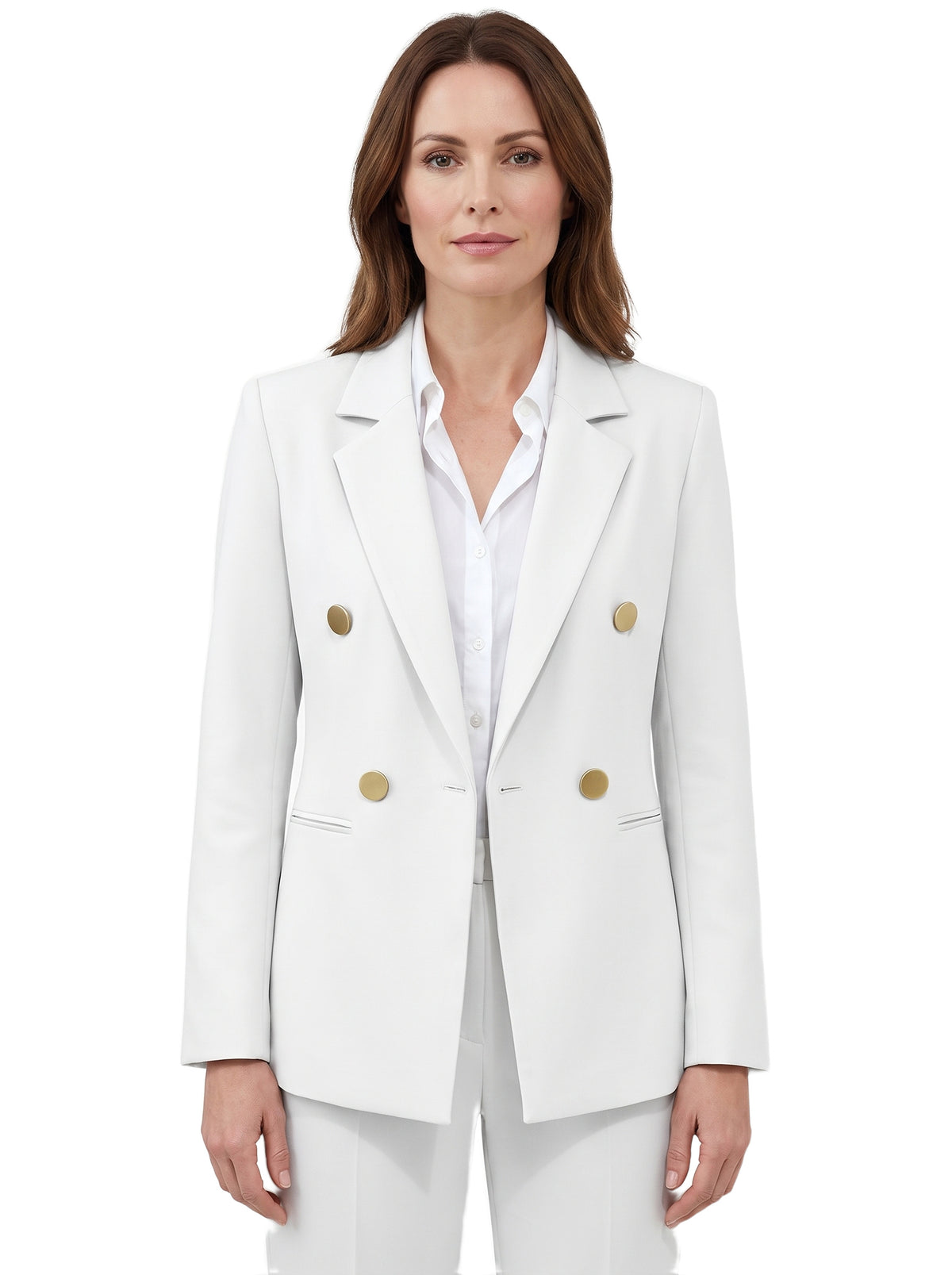 Sigrid Women's Tailored Double-Breasted Blazer in White worn by a model
