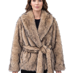 Tamara Women's Faux Fur Shawl-Collar Wrap Jacket in Apricot worn by a model