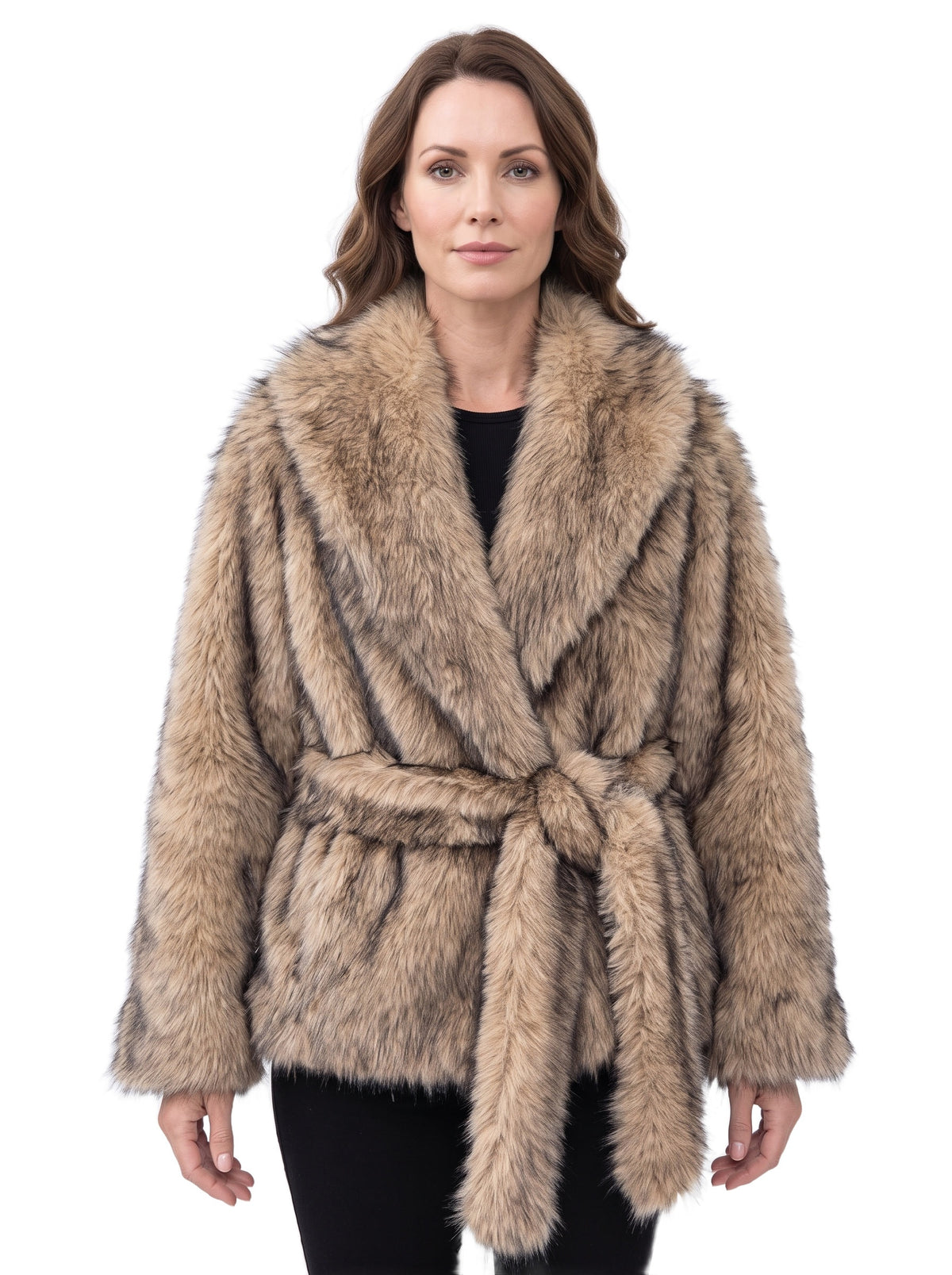 Tamara Women's Faux Fur Shawl-Collar Wrap Jacket in Apricot worn by a model