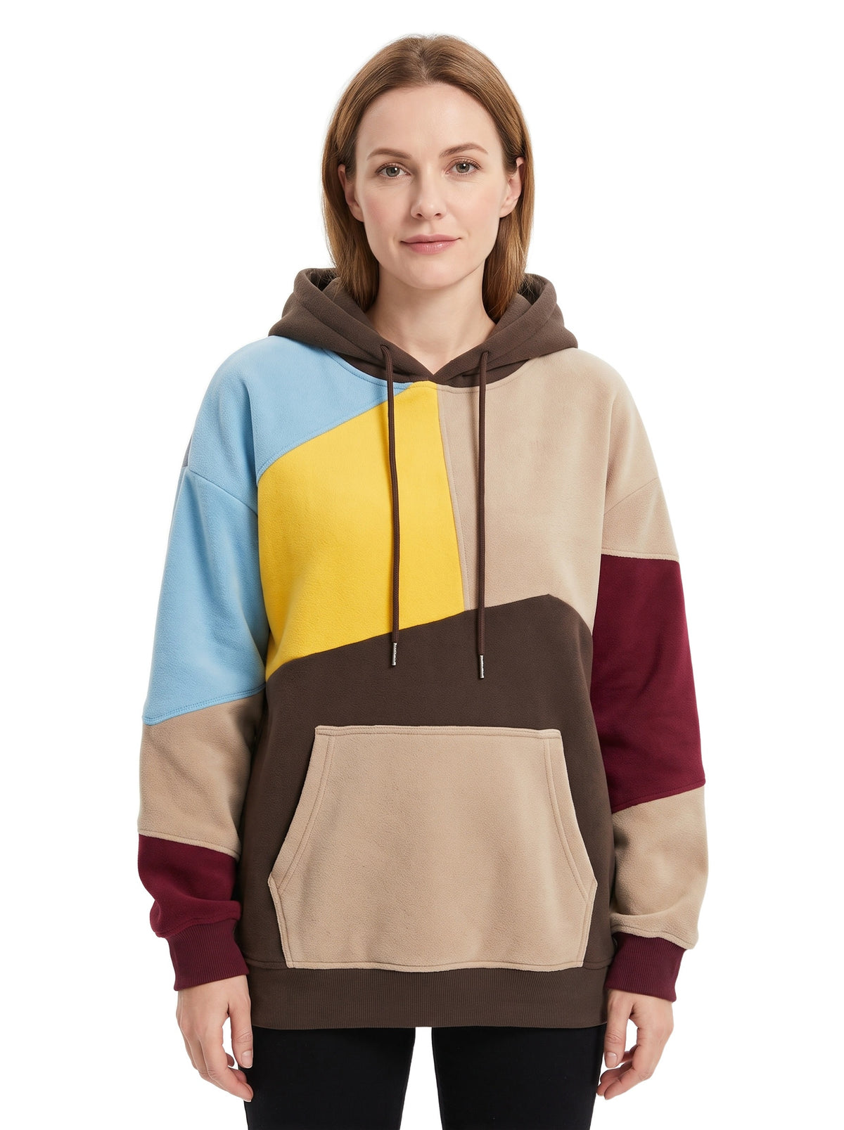 Violet Women's Open-Front Knit Cardigan colour-block hoodie worn by a model on a white background
