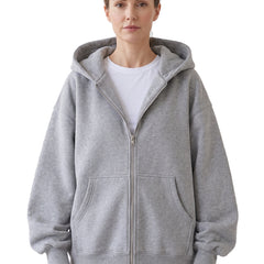 Gloria-Erna Women's Oversized Zip-Up Hoodie in Gray worn open over a white tee
