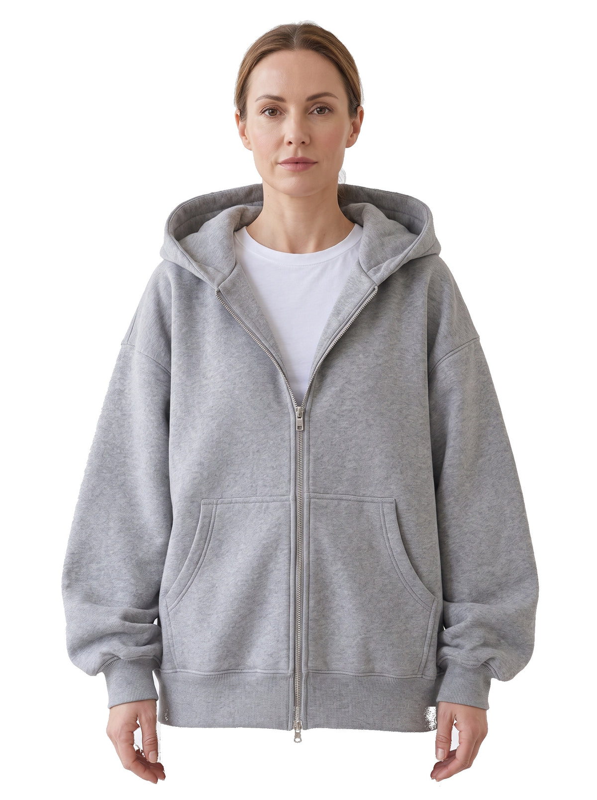 Gloria-Erna Women's Oversized Zip-Up Hoodie in Gray worn open over a white tee