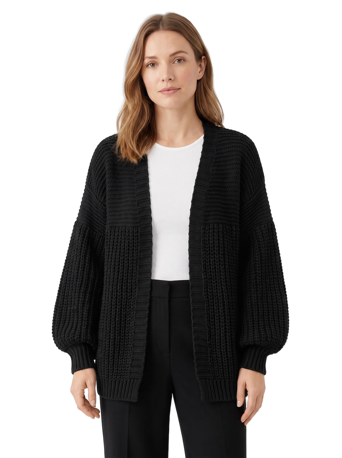 Matilda Women's Chunky Open-Front Cardigan in Black, worn by a model
