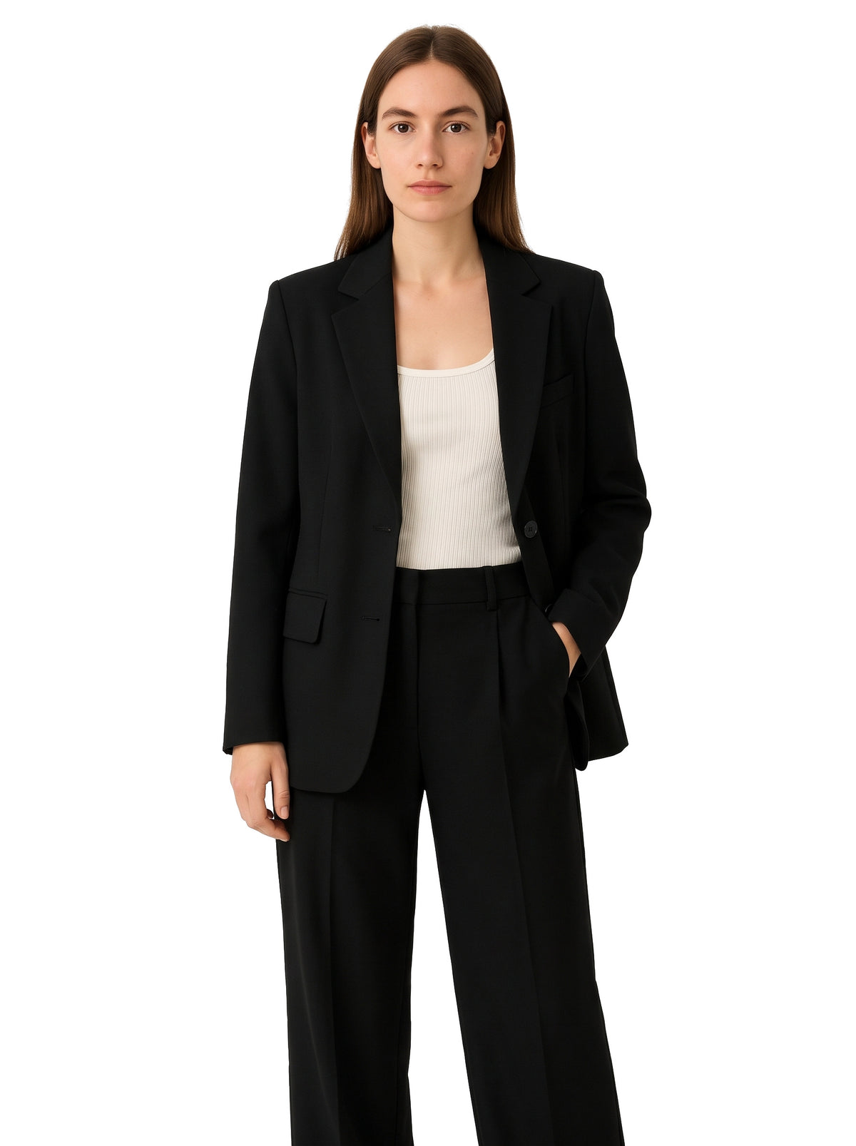 Nora Women's Relaxed Blazer and Wide-Leg Trouser Set in black, worn by a model