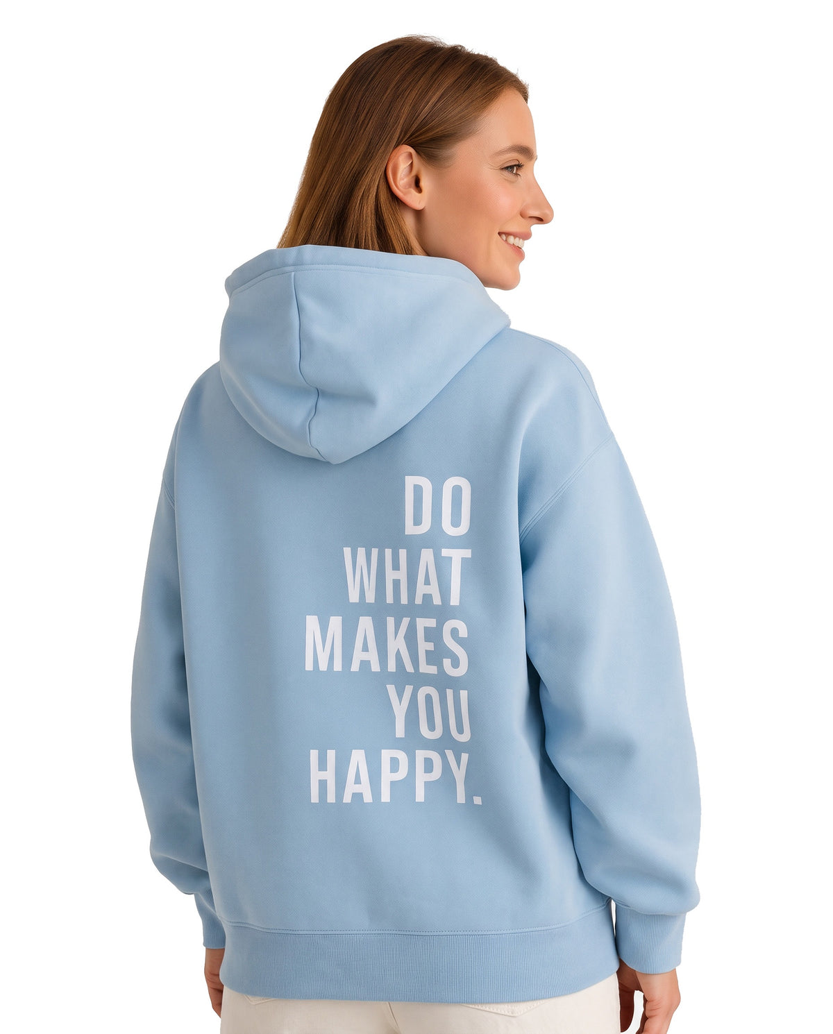 Minerva Women's Oversized Graphic-Print Hoodie in light blue, back view with Do What Makes You Happy print