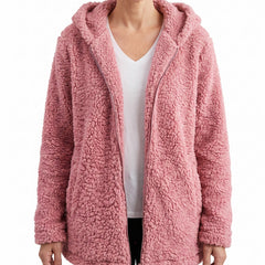 Maureen Women's Teddy Fleece Full-Zip Coat with Pockets in pink worn open over a white tee