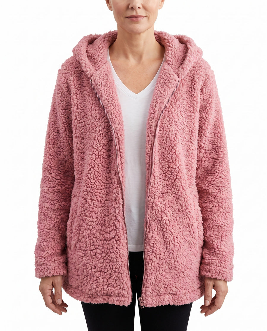 Maureen Women's Teddy Fleece Full-Zip Coat with Pockets in pink worn open over a white tee