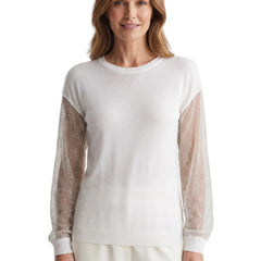 Opal Women's Sheer Mesh-Sleeve Ribbed Knit Top in White worn by a model on a white studio background
