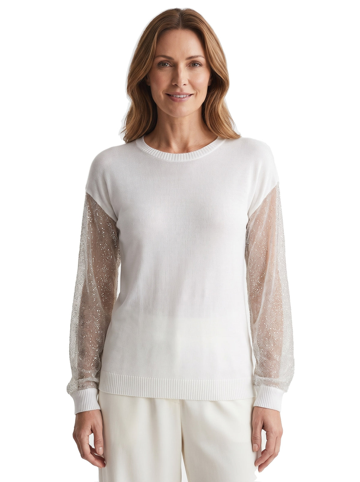 Opal Women's Sheer Mesh-Sleeve Ribbed Knit Top in White worn by a model on a white studio background