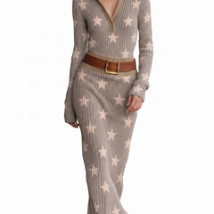 Hilda Women's Star-Print Ribbed Knit Maxi Dress in grey brown worn by a model on a white background