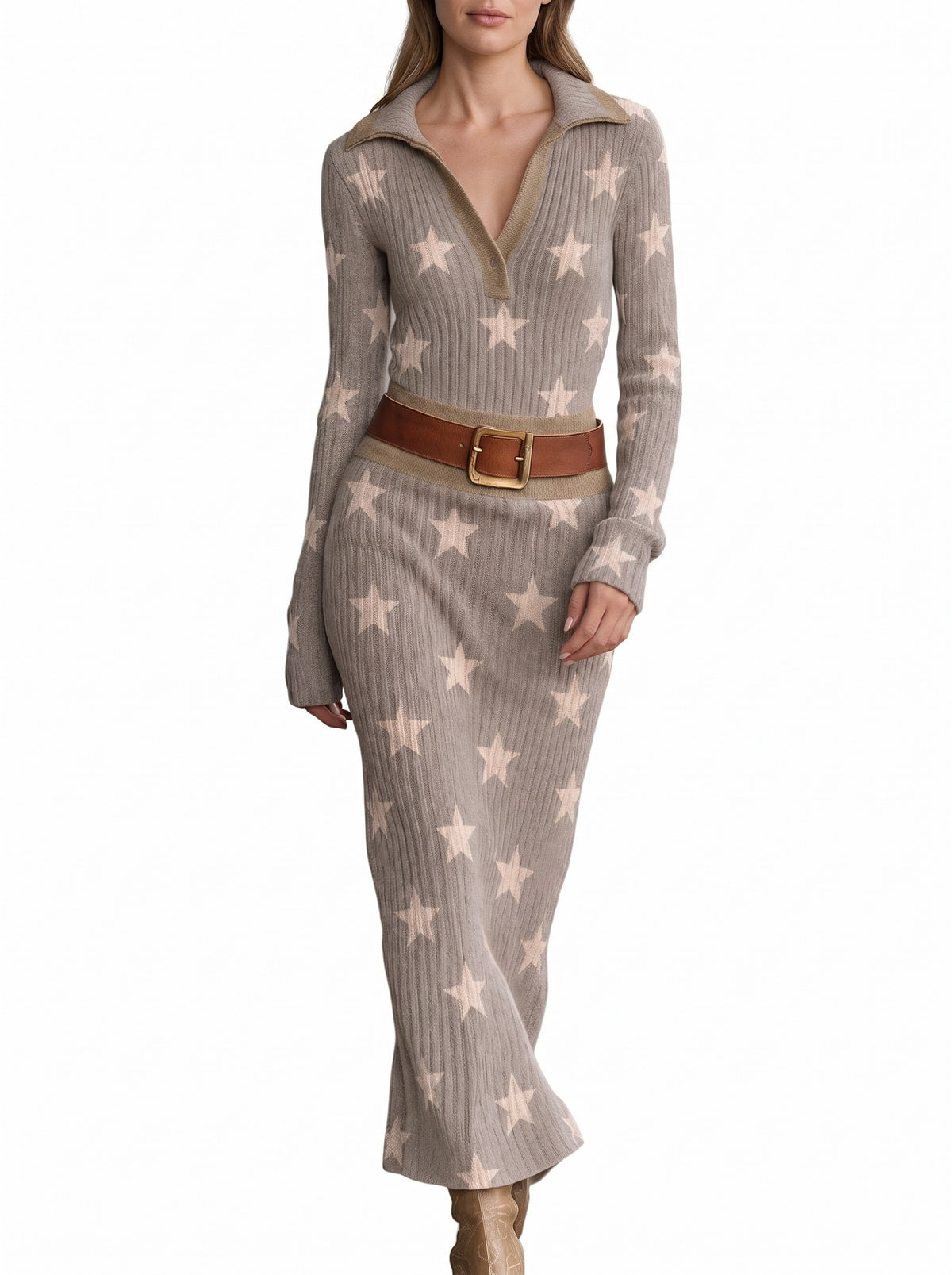 Hilda Women's Star-Print Ribbed Knit Maxi Dress in grey brown worn by a model on a white background