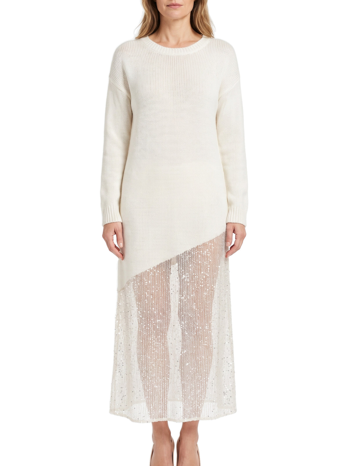Iris Women's Ivory Sequin-Hem Knit Maxi Dress worn by a model, studio shot on white